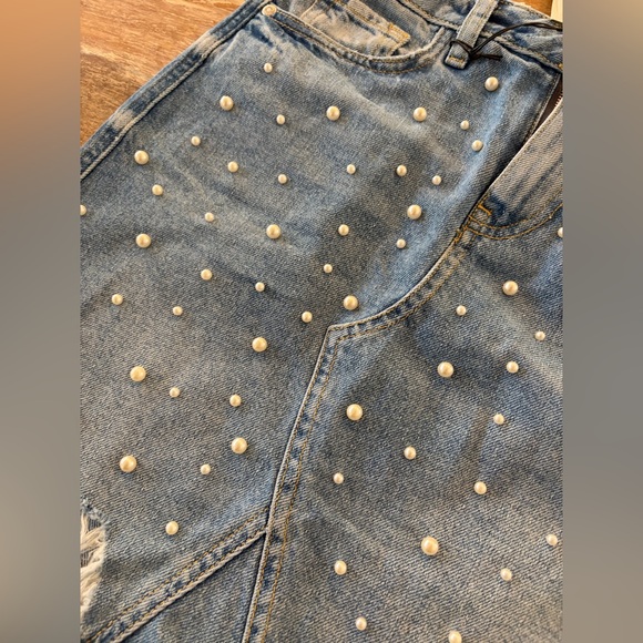 River Island Blue Denim Mini Skirt with Pearl Embellishments, Size 6 NWT - Picture 8 of 14